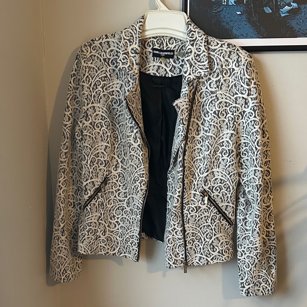 Karl Lagerfeld Black and White Lace Blazer